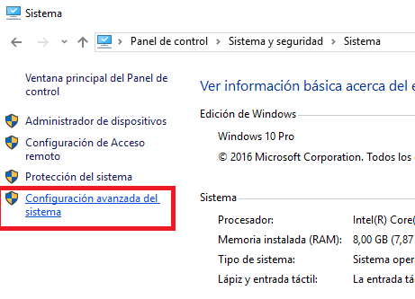 Configuración avanzada del sistema en cómo cambiar la ruta de los archivos temporales en Windows 10