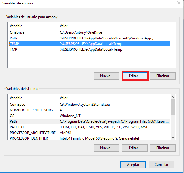 Botón para editar las variables de usuario en cómo cambiar la ruta de los archivos temporales en Windows 10