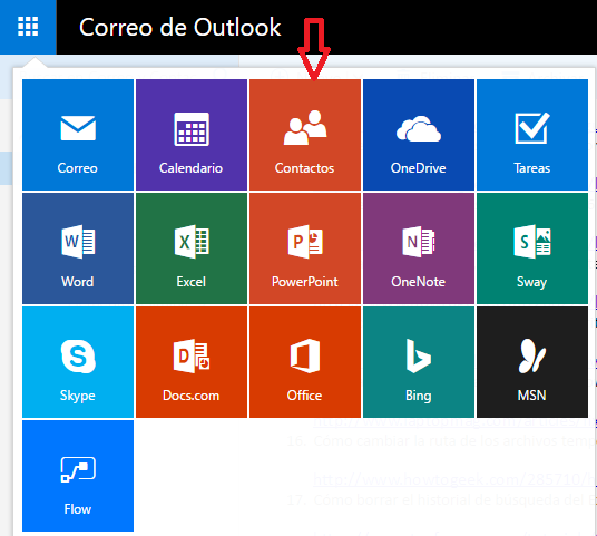Botón Contactos desde Outlook en cómo exportar contactos de Outlook e importarlos a Gmail