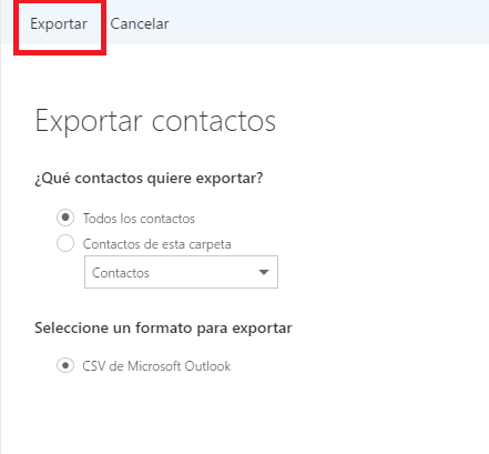 Botón Exportar desde Outlook en cómo exportar contactos de Outlook e importarlos a Gmail