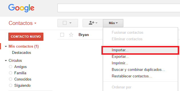 Opción Importar desde Gmail en cómo exportar contactos de Outlook e importarlos a Gmail