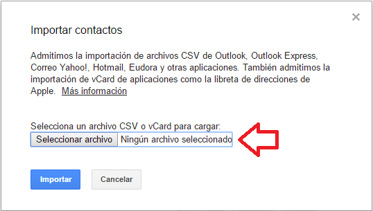 Botón para seleccionar el archivo en cómo exportar contactos de Outlook e importarlos a Gmail