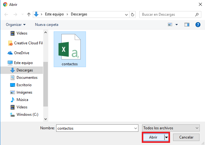 Explorador para hallar el archivo en cómo exportar contactos de Outlook e importarlos a Gmail