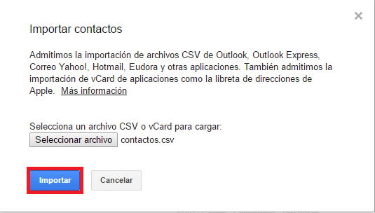 Pantalla Importar contactos en Gmail en cómo exportar contactos de Outlook e importarlos a Gmail