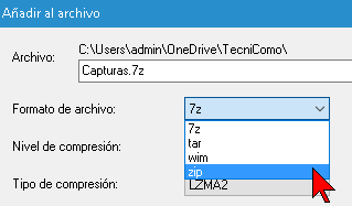 Seleccionando formato de compresión en cómo proteger un archivo zip con contraseña en 7-zip