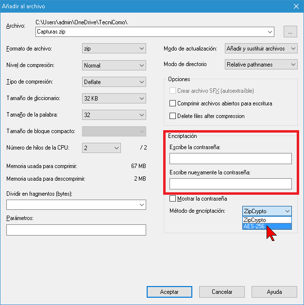 Casilla para entrar la contraseña y el método de encriptación en cómo proteger un archivo zip con contraseña en 7-zip