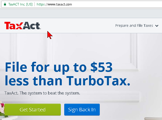 Página principal del servicio TaxAct en cómo hacer los taxes o impuestos gratis