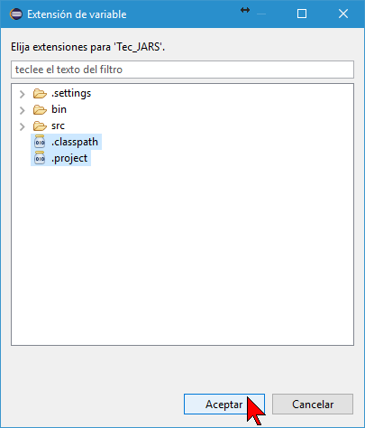Pantalla Extensión de variable en cómo agregar variables de acceso a un proyecto de Eclipse