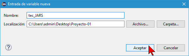Ventana Entrada de variable nueva en cómo agregar variables de acceso a un proyecto de Eclipse