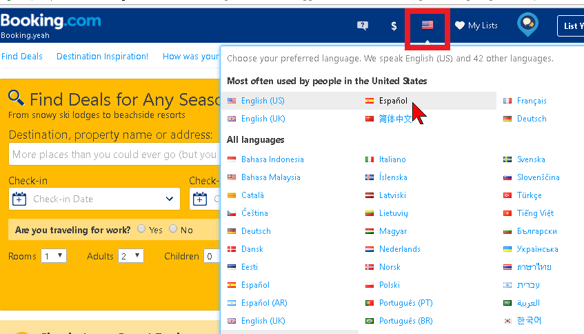 Cambiando el idioma de Booking.com a Español en las mejores páginas para comprar pasajes baratos en Internet