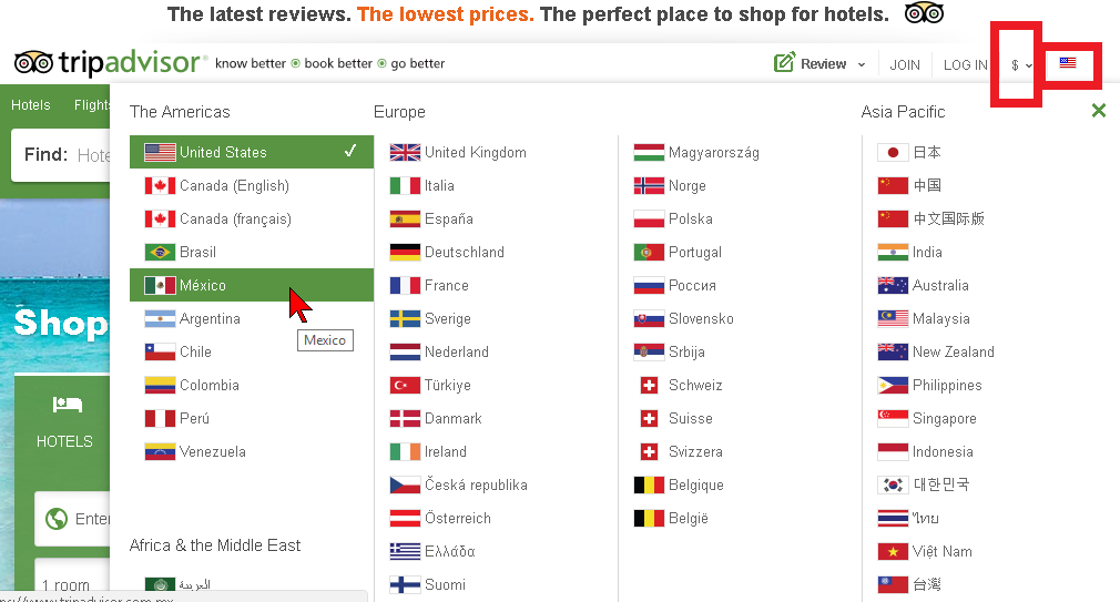 Escogiendo el idioma y región en TripAdvisor.com en las mejores páginas para comprar pasajes baratos en Internet