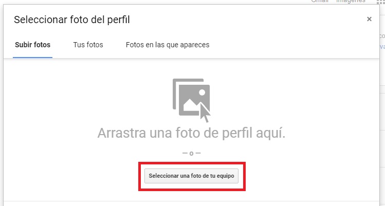 Botón Seleccionar una imagen en tu equipo de Gmail