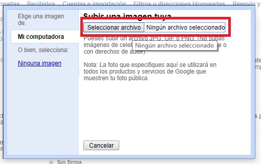 Seleccionar archivo en cómo agregar una foto de perfil a tu cuenta de Gmail