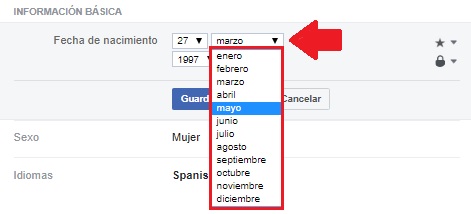 Menú desplegable para cambiar la fecha de nacimiento en Facebook