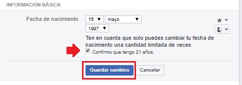 Opción guardar los cambios a la fecha de nacimiento en Facebook