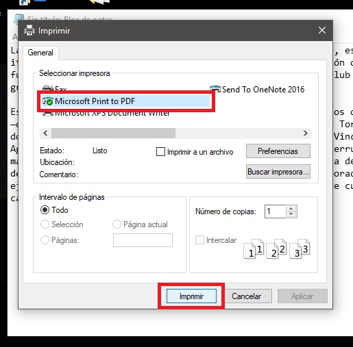 Seleccionando Microsoft Print to PDF
