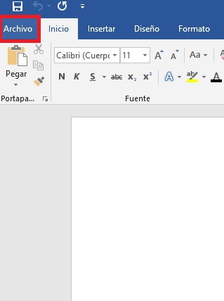 Opción de Archivo de Microsoft Word