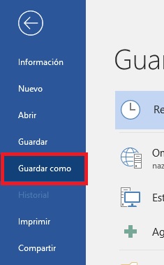 Menú lateral, opción Guardar como de Microsoft Word
