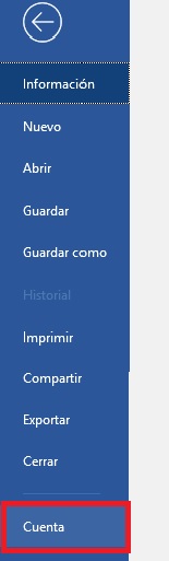 Opción de cuenta de Microsoft Office