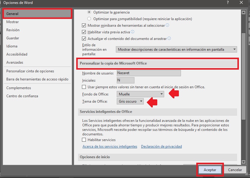 Categoría General y opción Personalizar la copia de Microsoft Office