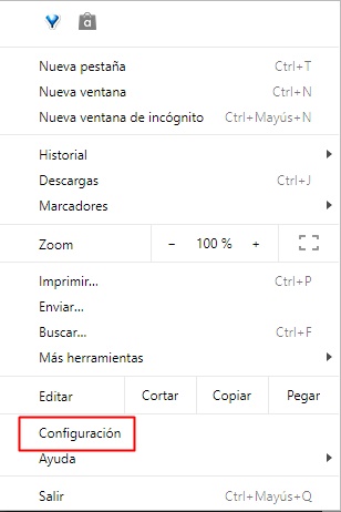 Opción para entrar a la configuración de Chrome