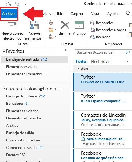 Pestaña Archivo en cómo cerrar la ventana de un mensaje luego de reenviar o responder en Outlook