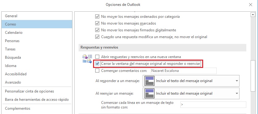 Marcando la opción para cerrar la ventana en Outlook