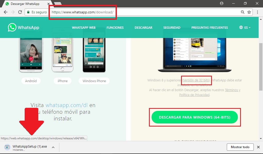 Página para la descarga en cómo descargar y usar WhatsApp en tu PC