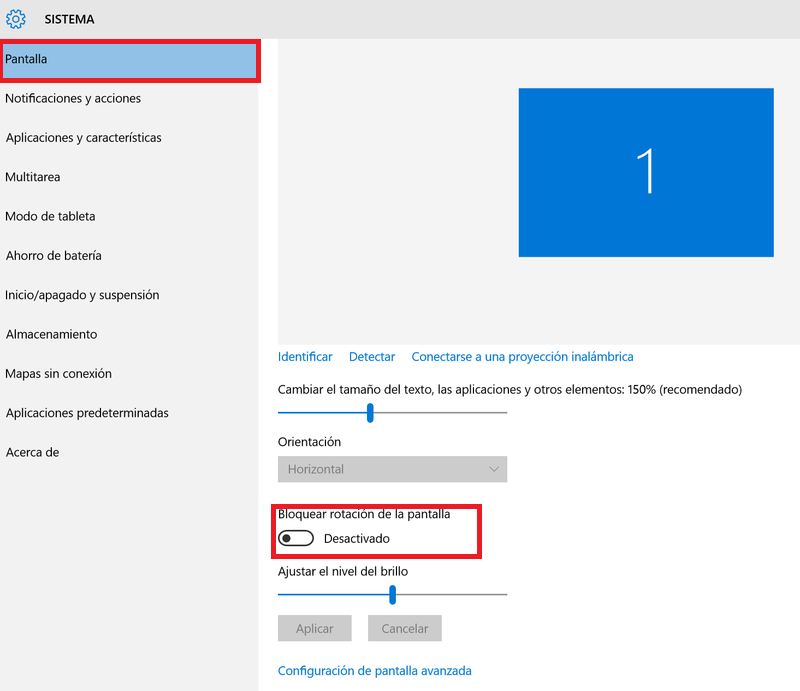 Bloquear rotación de la pantalla desactivado