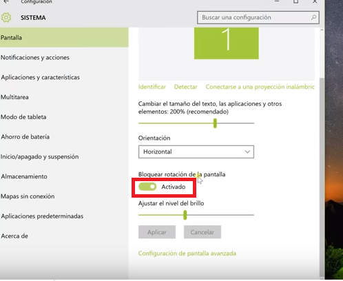 Activando la opción Bloquear rotación de la pantalla