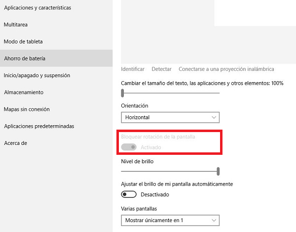 Opción desactivada para bloquear la rotación de la pantalla