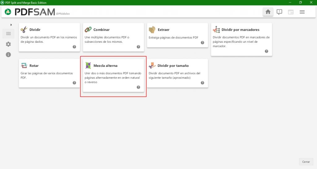 Opción mezcla alterna en cómo fusionar y mezclar archivos PDF usando PDF Split and Merge