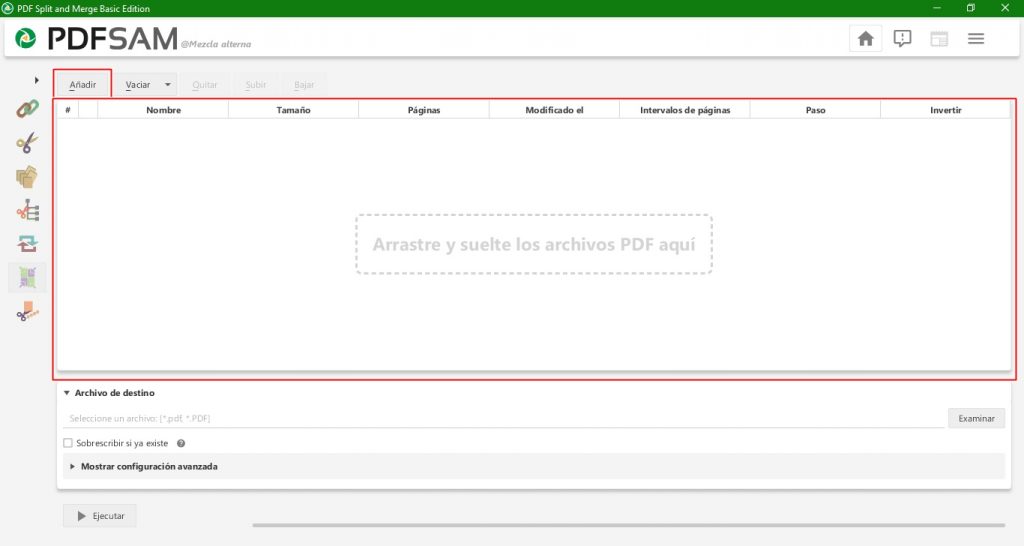 arrastra y selecciona los archivos a mezclar en PDF SAM