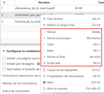Menú contextual para organizar los archivos PDF