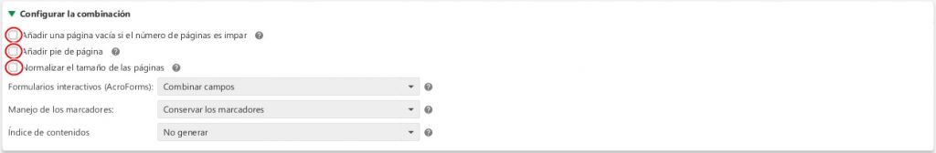 Opciones para combinado de archivos PDF
