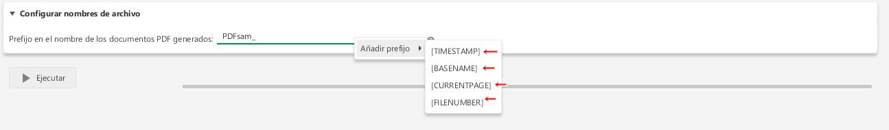 selecciona los parámetros reemplazables con palabras clave para el nombre del archivo de salida