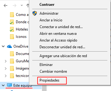 Selecciona propiedades de este equipo en el explorador de archivos de Windows 10