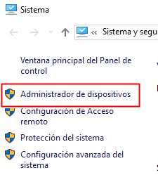 Selecciona administrador de dispositivos en propiedades del sistema de Windows 10