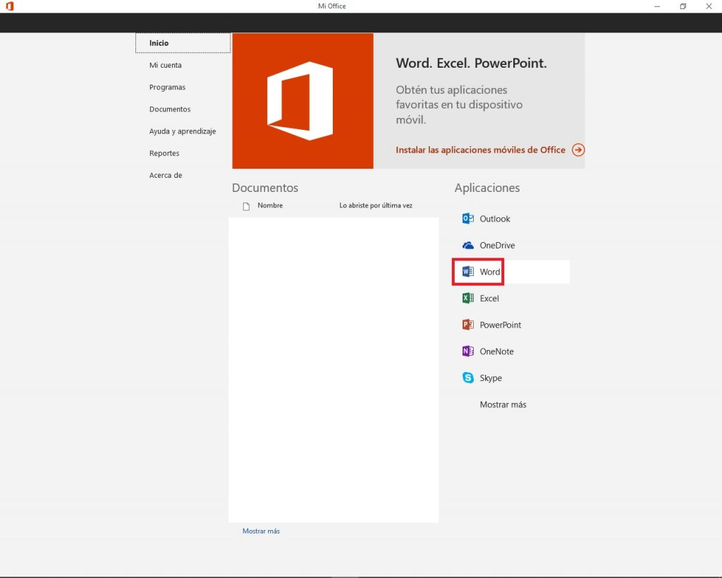 Elegir Microsoft Word en paquete Office