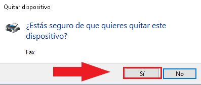 Confirmar la eliminación del dispositivo en cómo establecer la impresora predeterminada en Windows 10