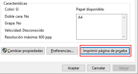 Clic en imprimir página de prueba en la ventana de propiedades