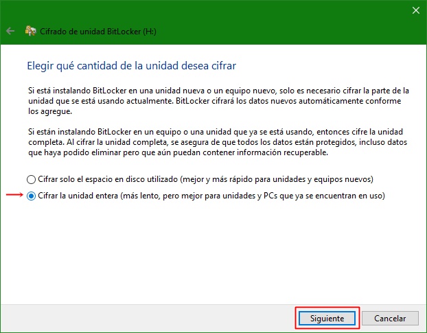 Cantidad de la unidad que quieres cifrar en cómo proteger un USB drive con contraseña