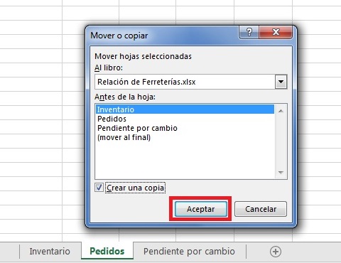Botón aceptar en cómo copiar una hoja de Excel de un libro a otro