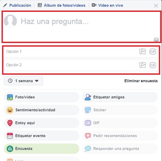 Opción haz una pregunta en Facebook