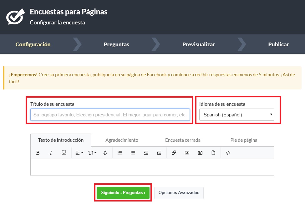 Opción siguiente de la aplicación de encuesta para Facebook
