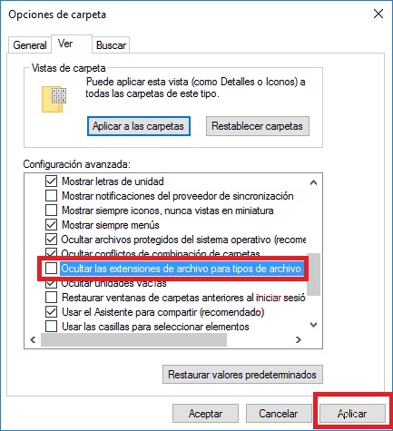 Ocultar las extensiones de archivos conocidos en Windows 10