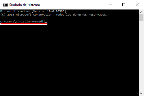 Escribir regedit y teclear intro en Símbolos del Sistema
