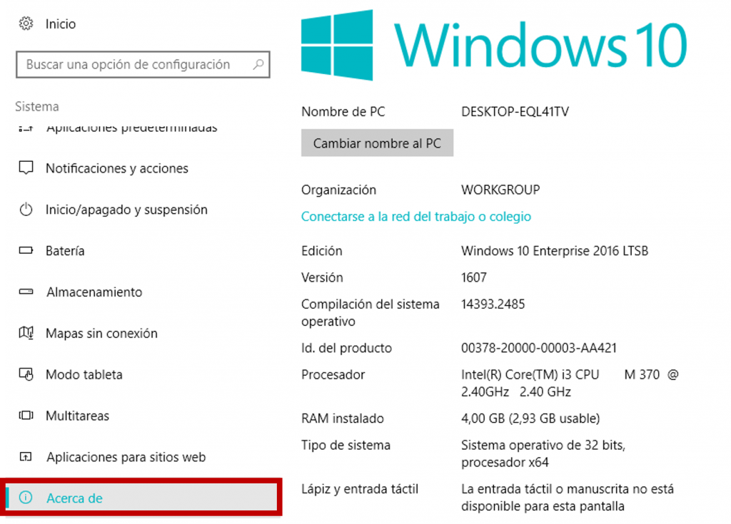 Acerca de configuraciones de sistema de Windows 10