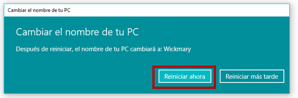 Reiniciar equipo para establecer los cambios en Windows 10