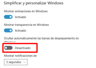 Marca desactivada la opción ocultar automáticamente las barras de desplazamiento en Windows
